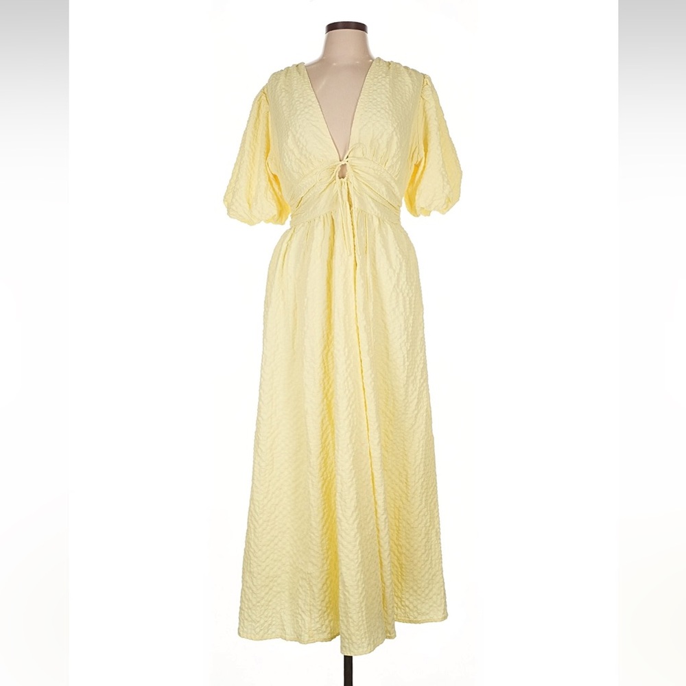 Abercrombie Yellow Tie Front Puff Sleeve Textured Maxi Dress - Picture 2 of 3
